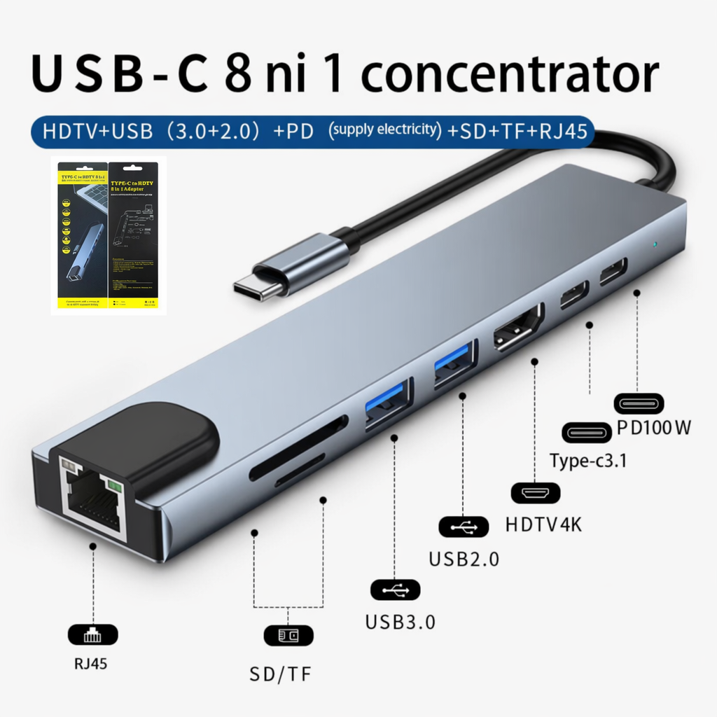 8-in-1 USB-C Hub Multiport Adapter with 4K HDMI, RJ45 Ethernet & 100W PD